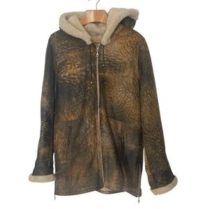 Vintage Y2K Genuine Shearling Sheepskin Hooded Coat XL Distressed Brown Aviator